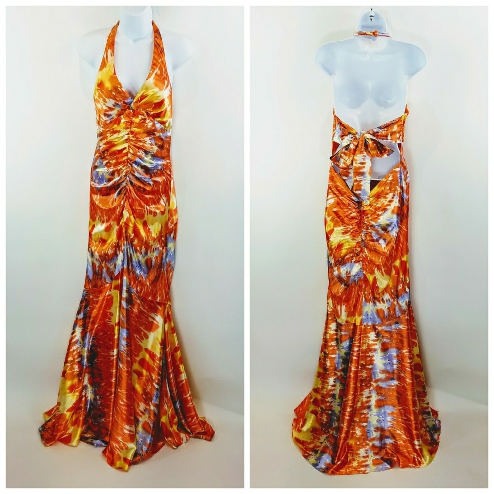 PROM GOWN Tie Dye Orange Ruched Sz L